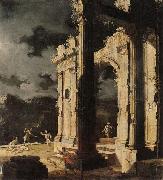Leonardo Coccorante An architectural capriccio with figures amongst ruins,under a stormy night sky oil painting